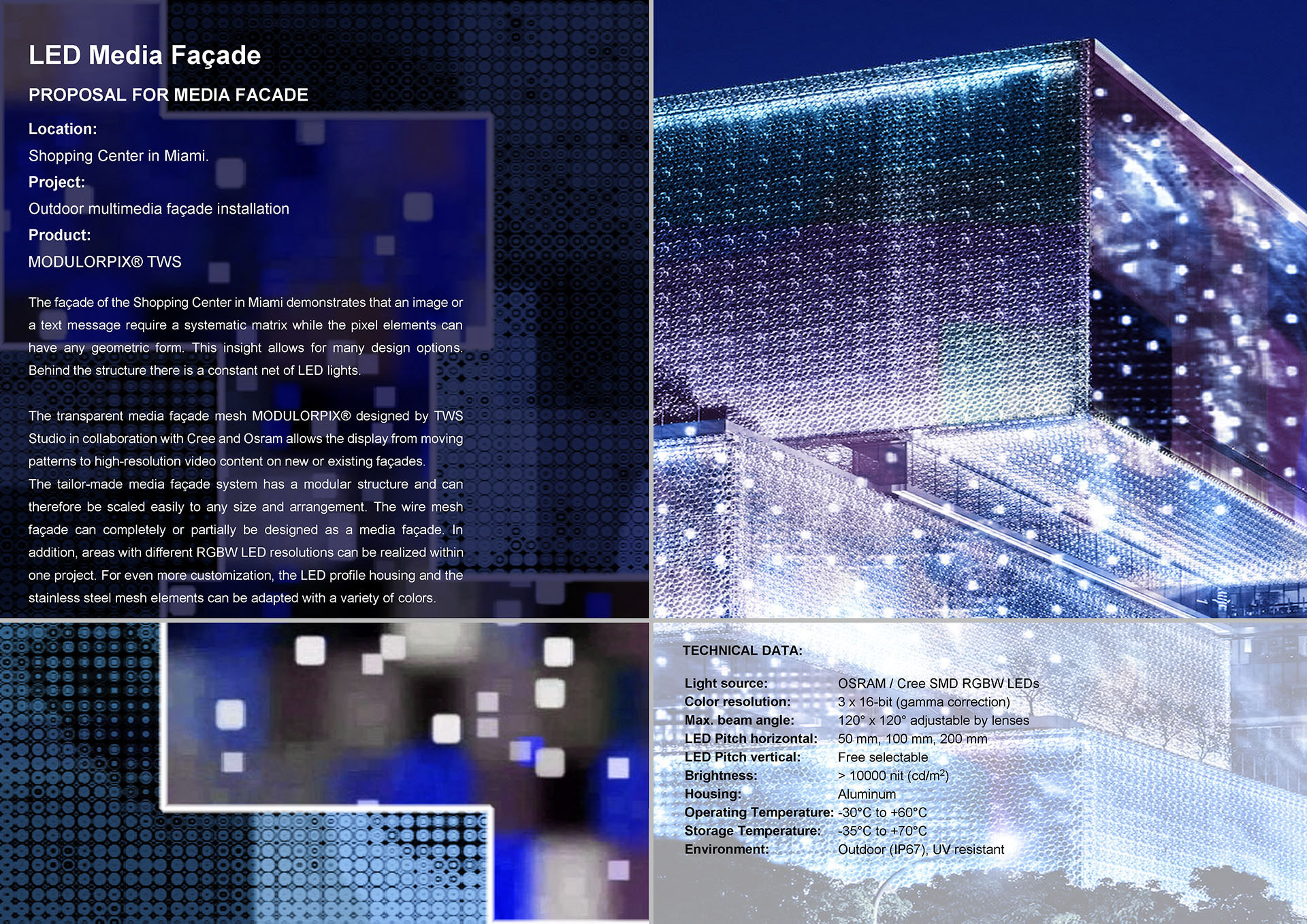 Media façade programming, light installation for high-rise building and city infrastructure, lighting design for civil buildings and landscapes