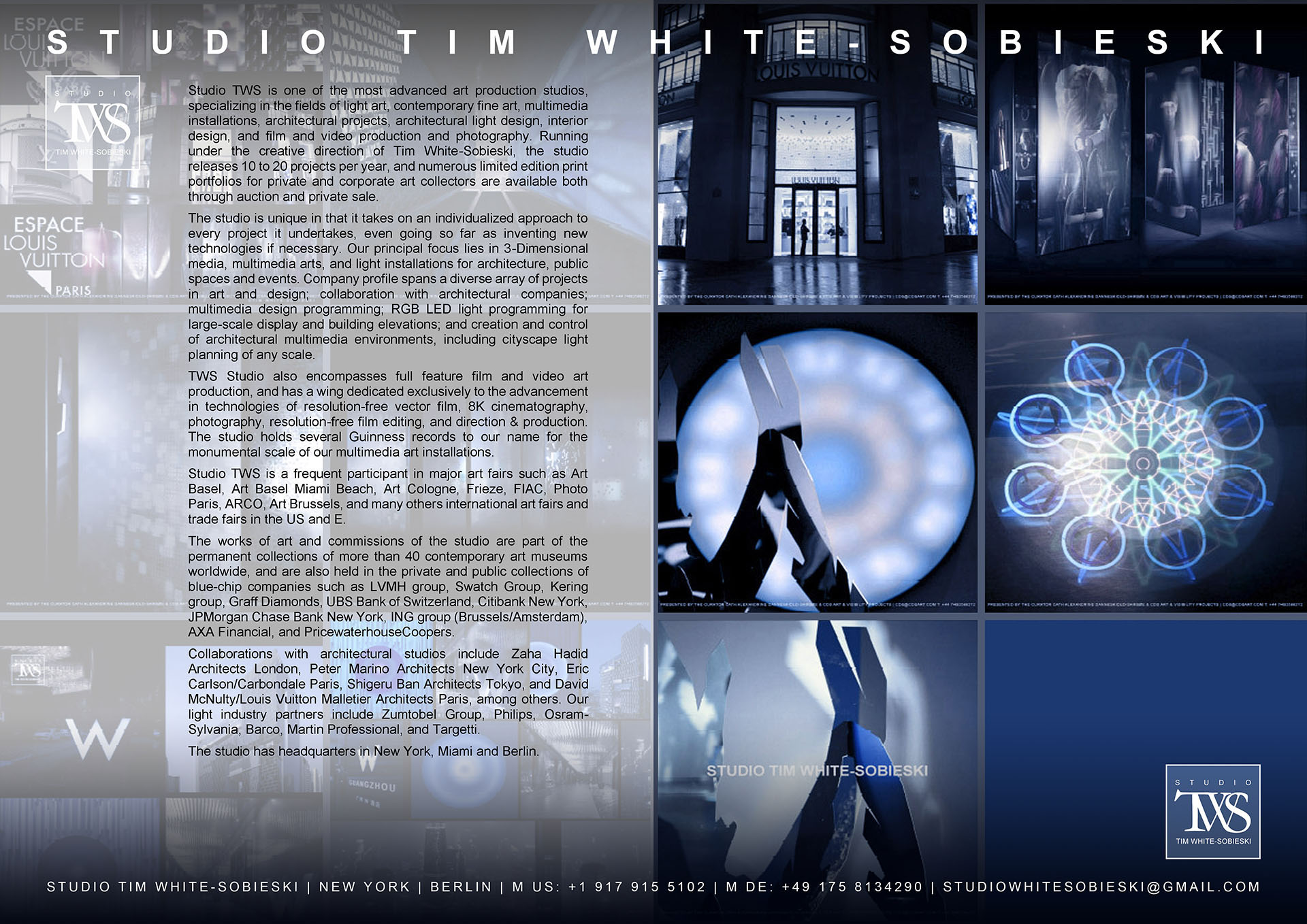 STUDIO TWS  AREAS OF EXPERTISE AND PRODUCTS INCLUDE: Art murals in public environment, indoor and outdoor, artwork creation and fabrication, design, production blueprints, management supervision, finding best subcontractors for our clients. Studio TWS has more than 50000 artworks in its inventory in various subjects, styles and technics Mediums include: oils on canvas, acrylics, prints, metal works, wall art, cast polyurethane wall art, mosaics, stained glass and window glass coloring, sculptures, and sculptural architectural installations indoor and outdoor. Production and installation are as per client’s specifications.